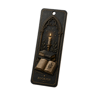 Decorative bookmark with gothic design, books, and candle on a transparent background