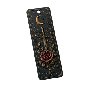 Decorative bookmark with sword, rose, and moon design on a black background
